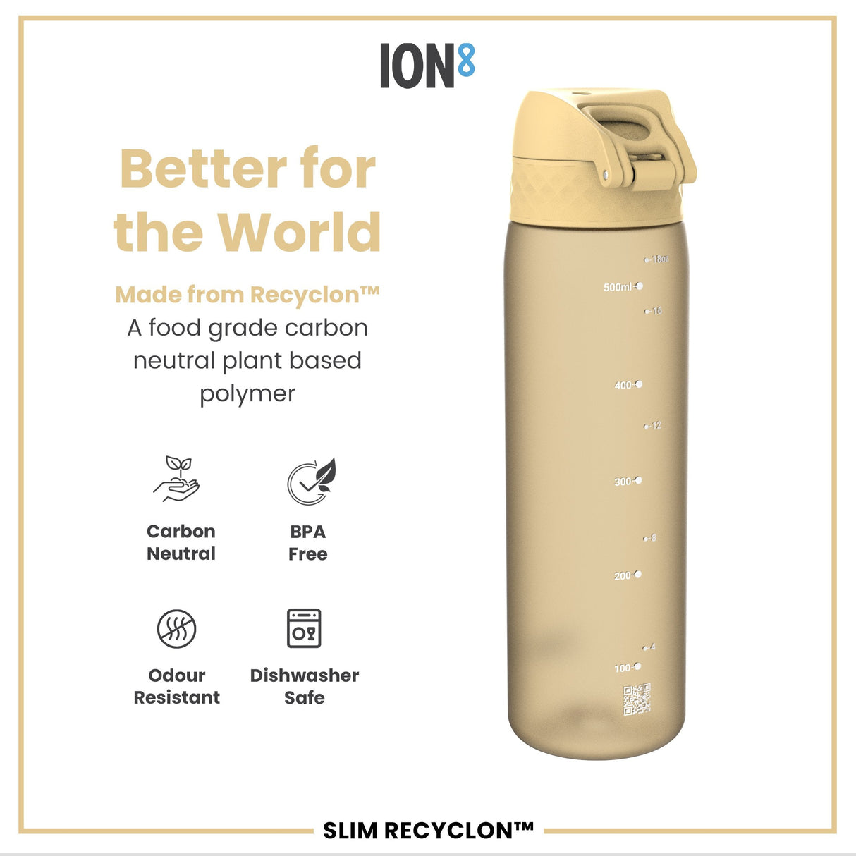 ION8 Leak Proof Slim Water Bottle, Recyclon, Desert, 500ml (18oz)