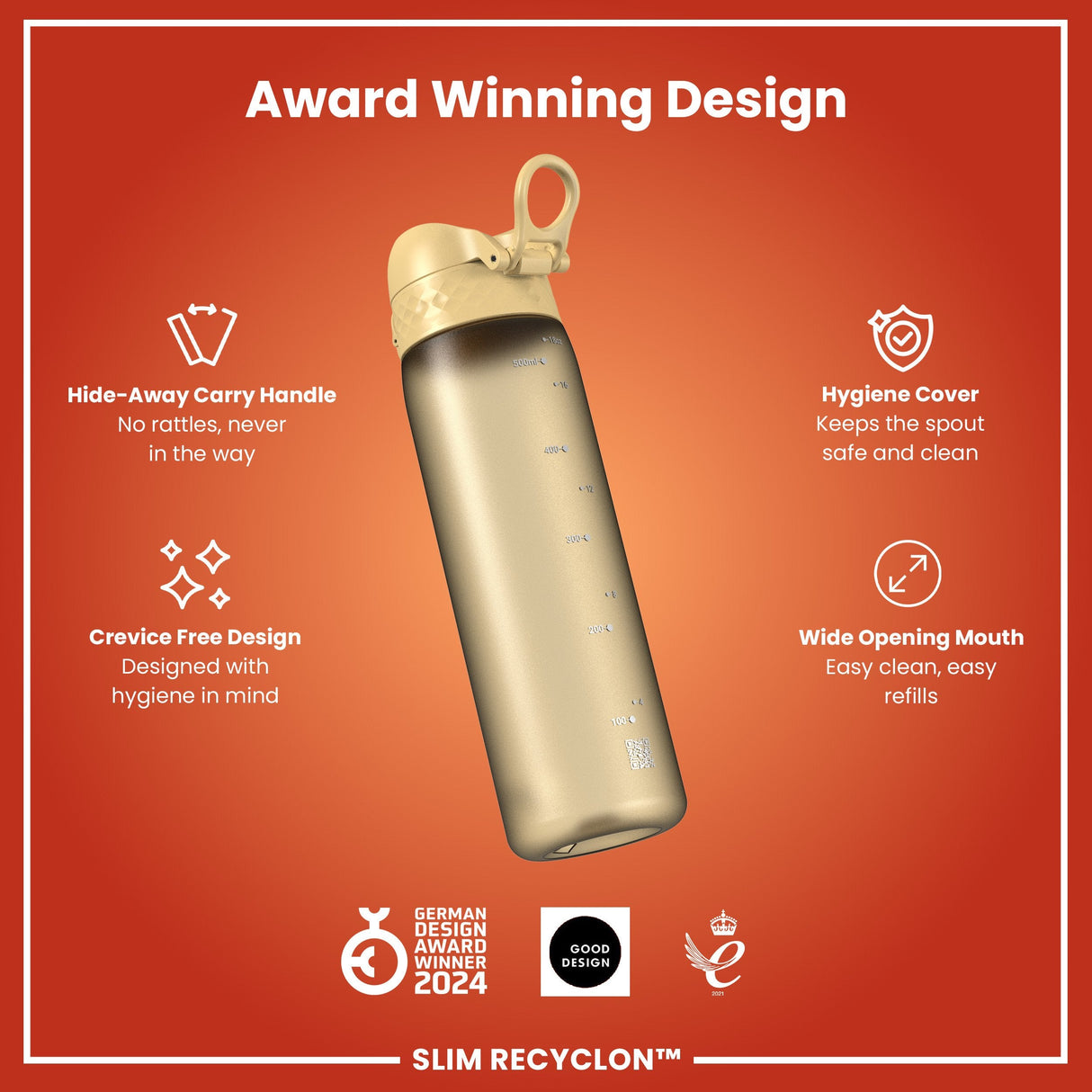 ION8 Leak Proof Slim Water Bottle, Recyclon, Desert, 500ml (18oz)