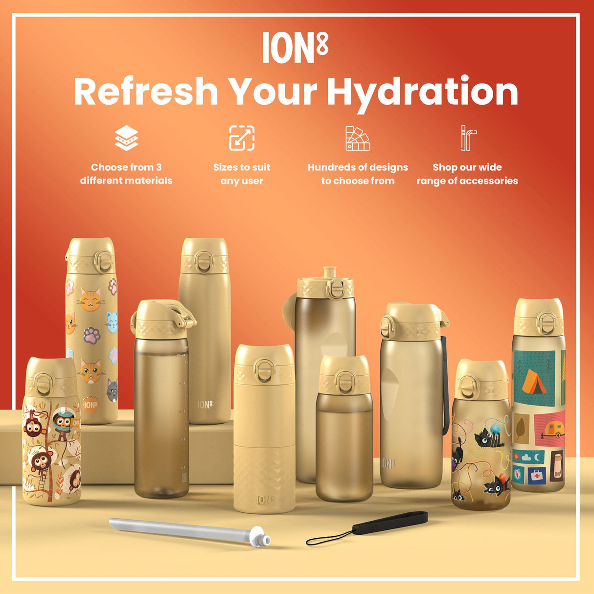ION8 Leak Proof Slim Water Bottle, Recyclon, Desert, 500ml (18oz)