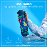ION8 Leak Proof Slim Water Bottle, Stainless Steel, Exotic Birds, 600ml (20oz)