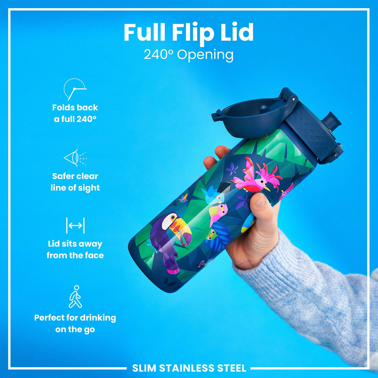 ION8 Leak Proof Slim Water Bottle, Stainless Steel, Exotic Birds, 600ml (20oz)