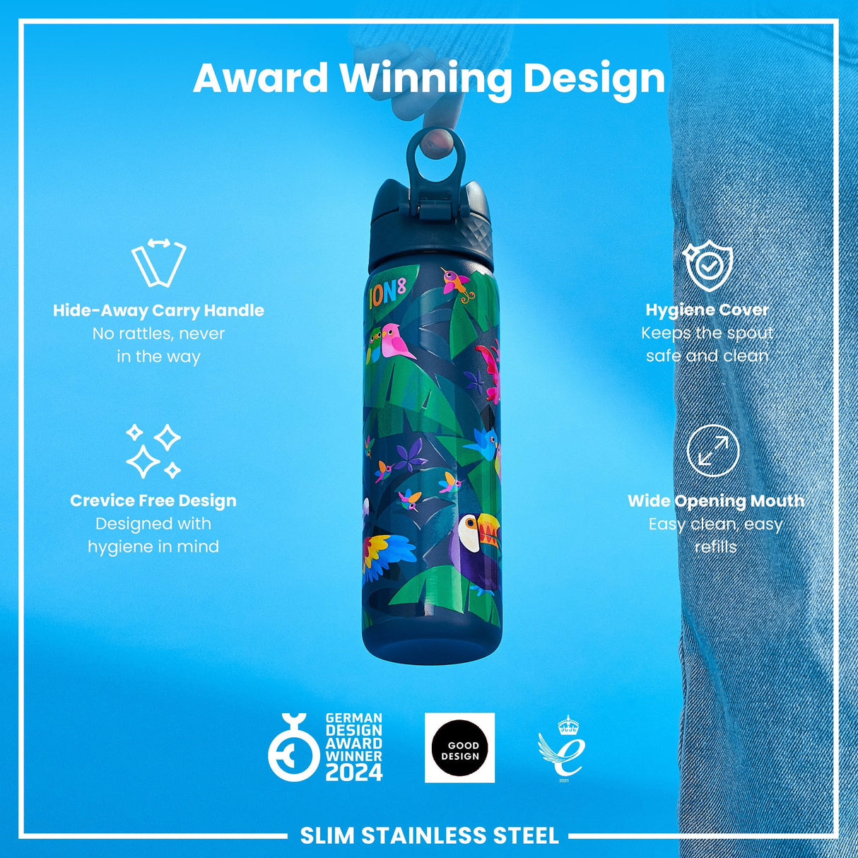 ION8 Leak Proof Slim Water Bottle, Stainless Steel, Exotic Birds, 600ml (20oz)
