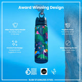 ION8 Leak Proof Slim Water Bottle, Stainless Steel, Exotic Birds, 600ml (20oz)