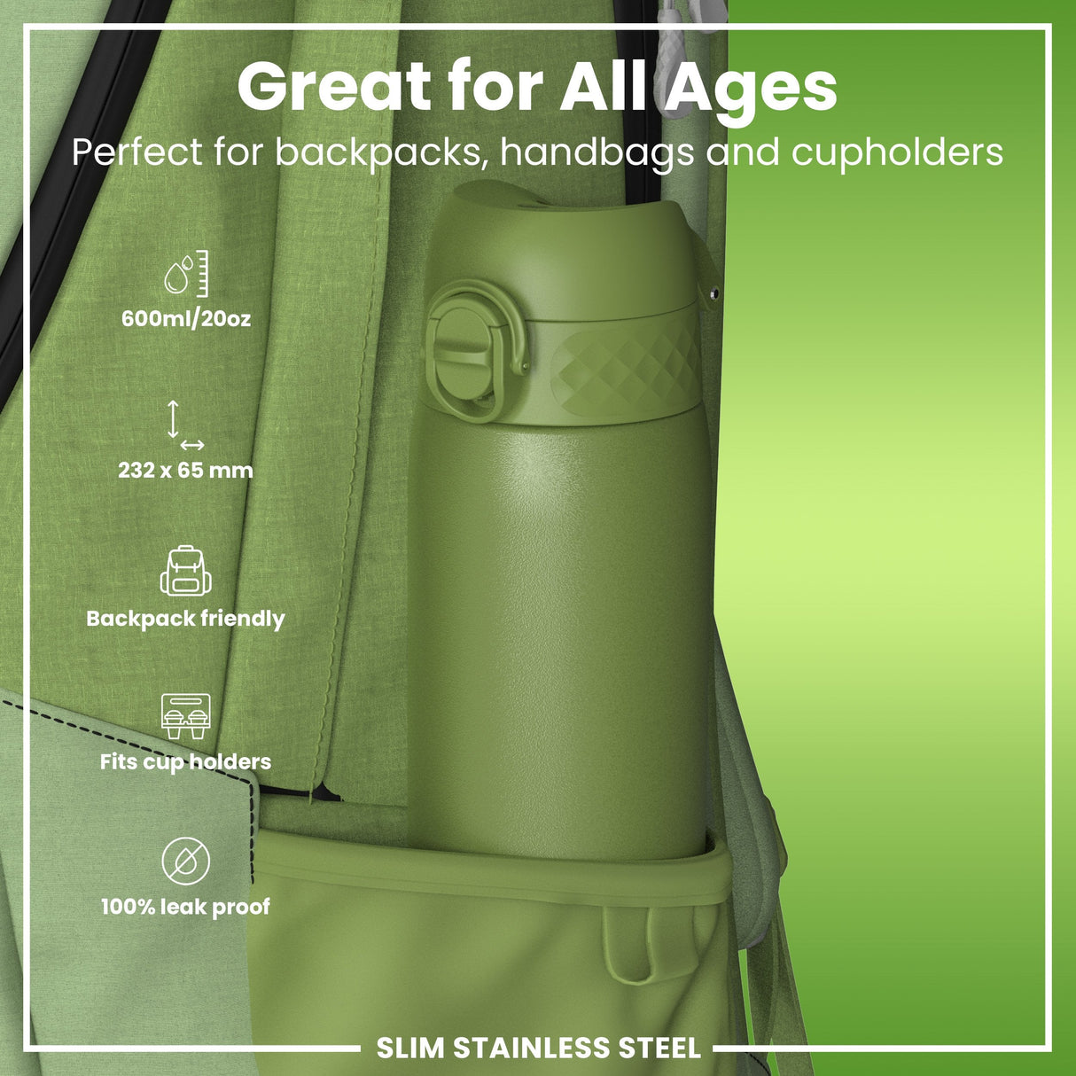 ION8 Leak Proof Slim Water Bottle, Stainless Steel, Khaki Green, 600ml (20oz)