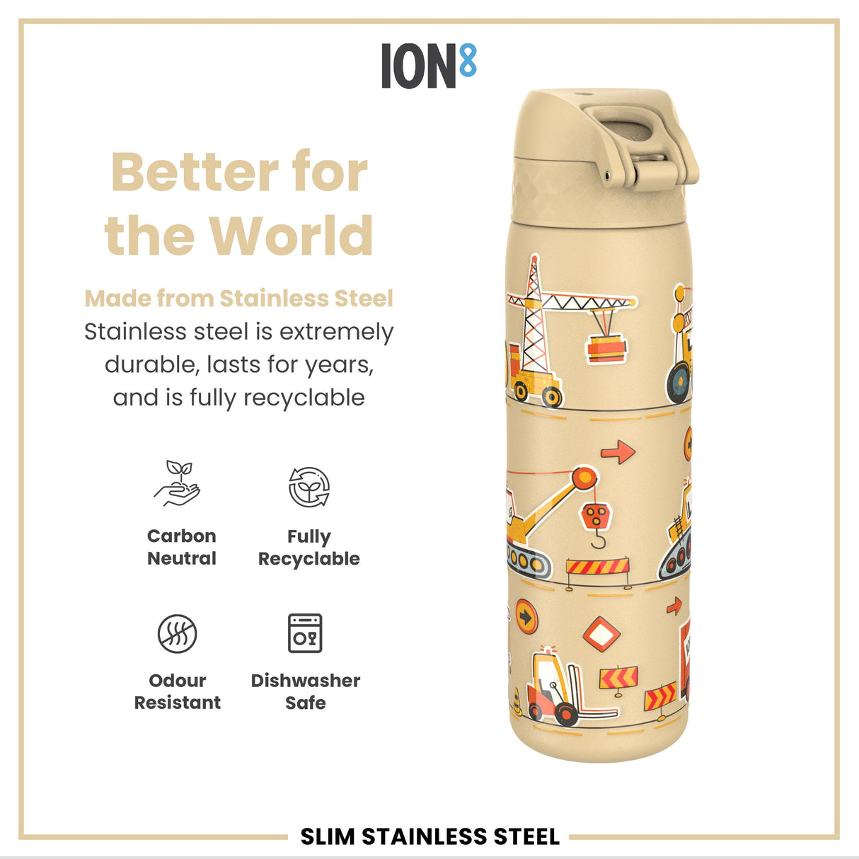 ION8 Leak Proof Slim Water Bottle, Stainless Steel, Diggers, 600ml (20oz)
