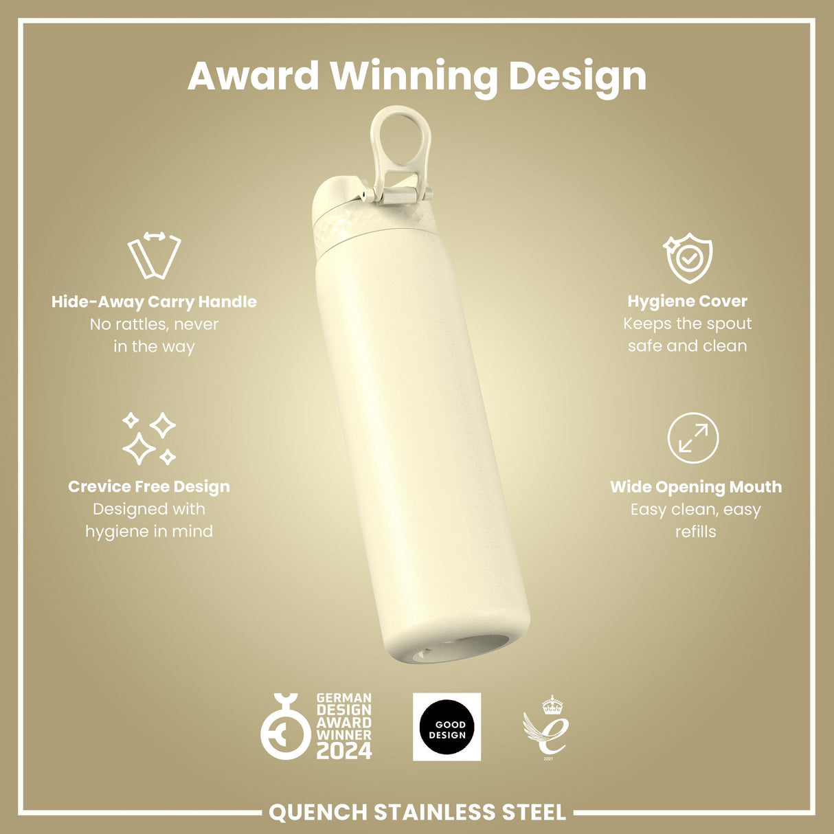 ION8 Leak Proof 1 Litre Water Bottle, Stainless Steel, Creamy White, 1L