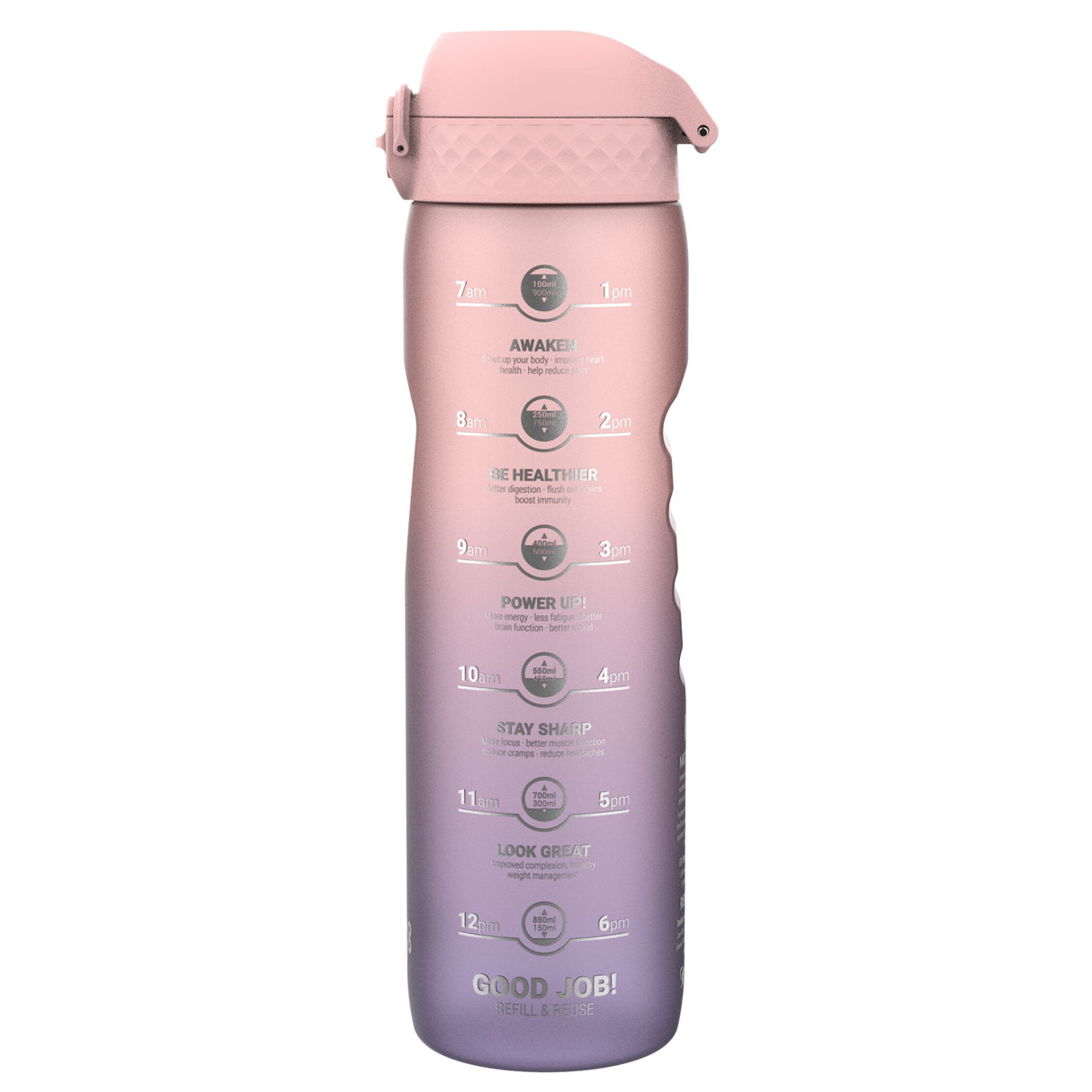 ION8 Leak Proof Water Bottle with Times to Drink, Recyclon, Purple & Rose, 1L