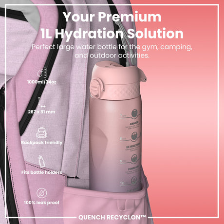 ION8 Leak Proof Water Bottle with Times to Drink, Recyclon, Purple & Rose, 1L