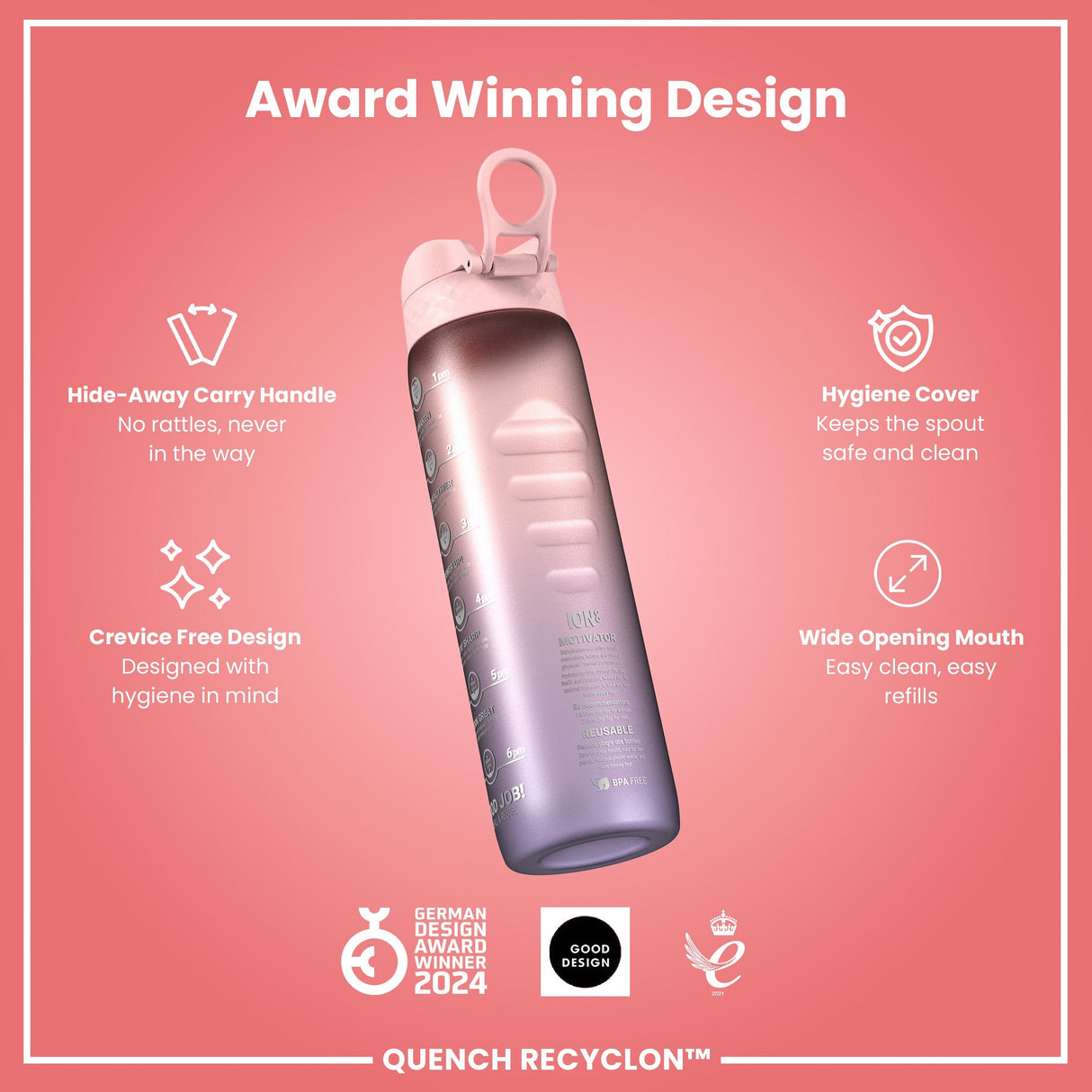 ION8 Leak Proof Water Bottle with Times to Drink, Recyclon, Purple & Rose, 1L