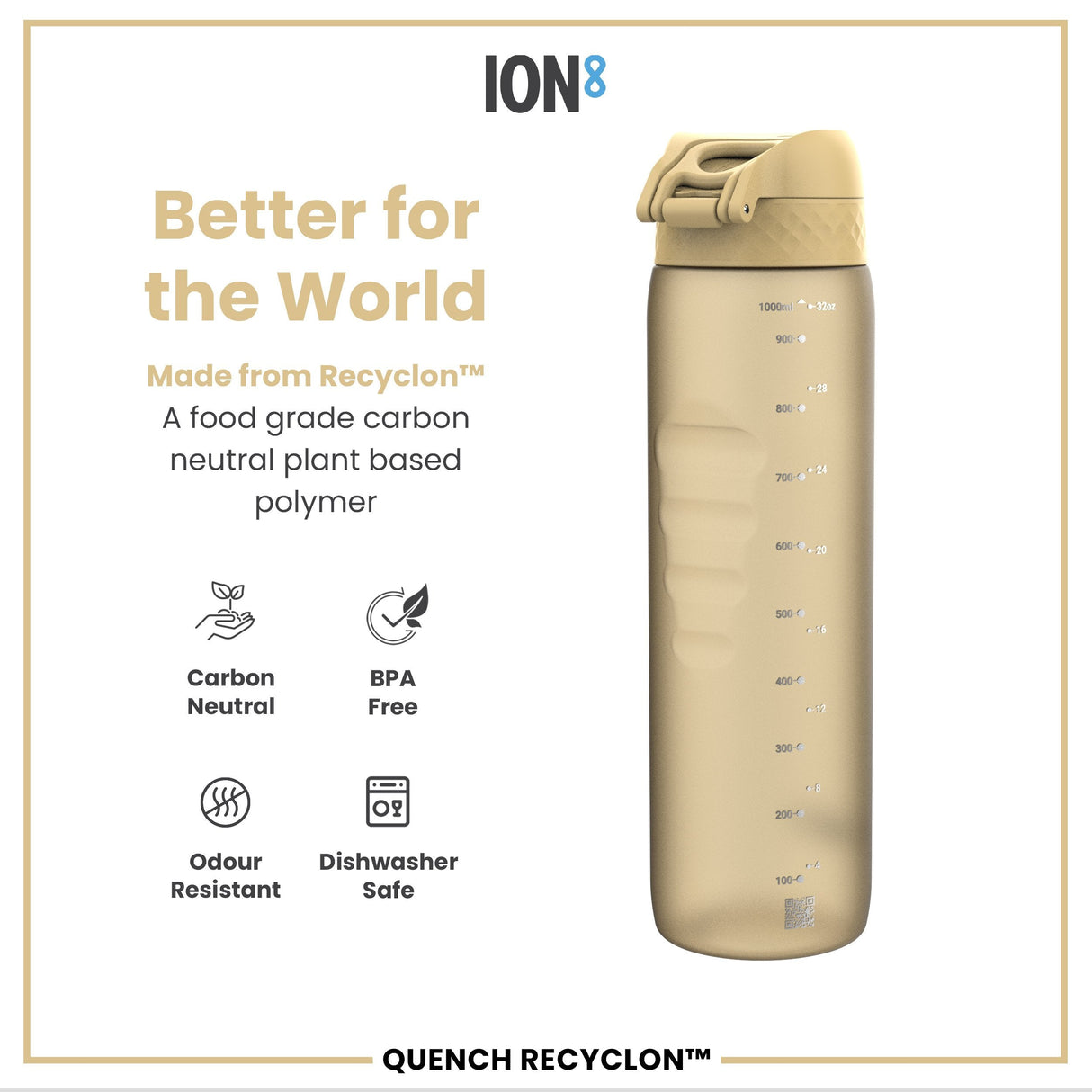 ION8 Leak Proof 1 litre Water Bottle, Recyclon, Desert, 1L