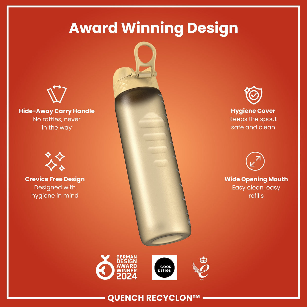 ION8 Leak Proof 1 litre Water Bottle, Recyclon, Desert, 1L