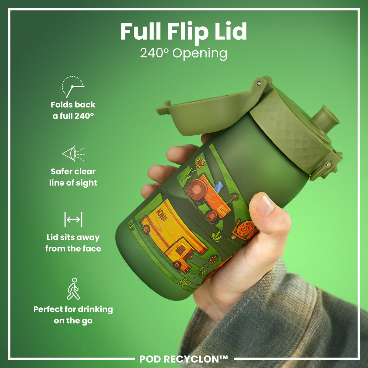 ION8 Leak Proof Kids Water Bottle, Recyclon, Farming Machines, 350ml (12oz)