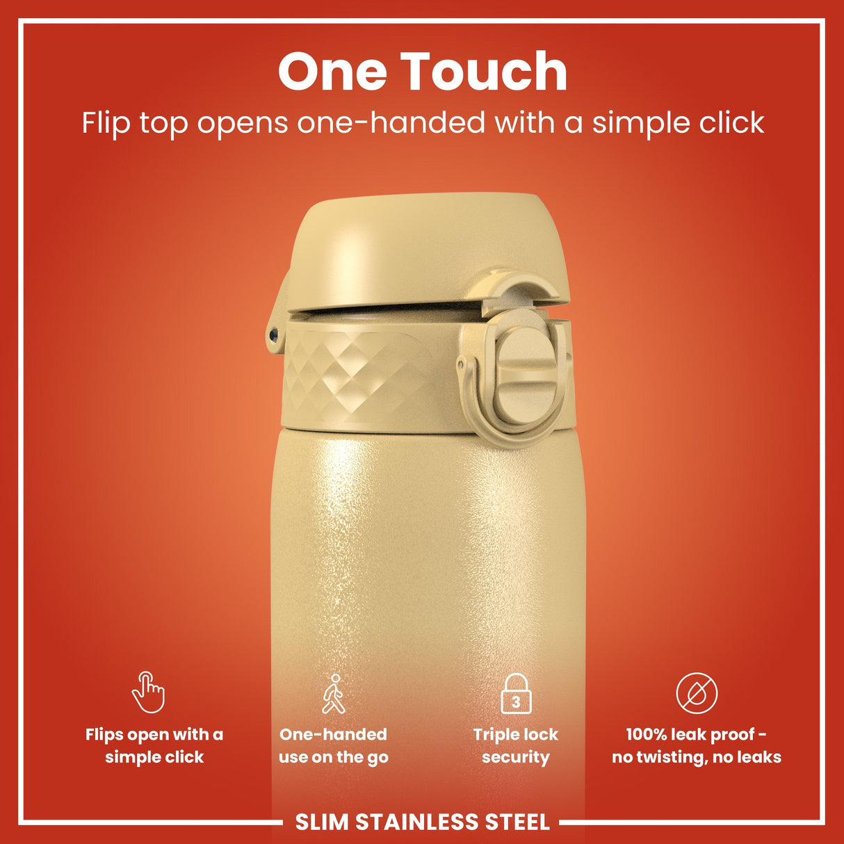 ION8 Leak Proof Slim Water Bottle, Stainless Steel, Desert, 600ml (20oz)