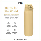 ION8 Leak Proof Slim Water Bottle, Stainless Steel, Desert, 600ml (20oz)