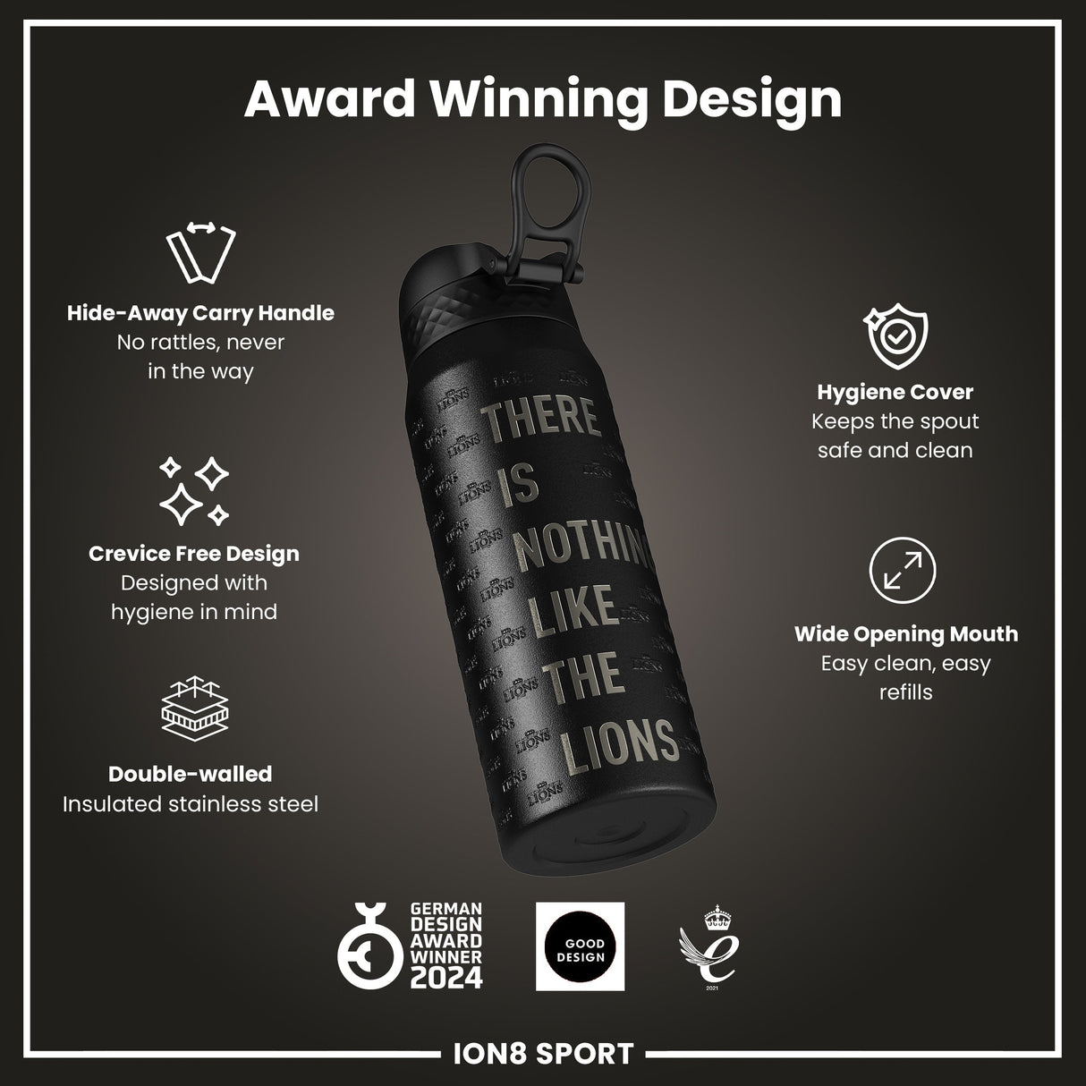 Lions X ION8 Insulated Steel Water Bottle, Nothing Like The Lions, 750ml (24oz)