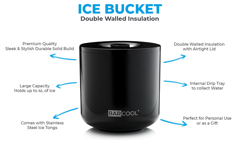 Subcold Barcool 4L Round Ice Bucket with Lid & Tongs - Black/Silver