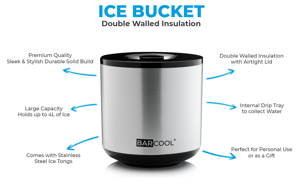 Subcold Barcool 4L Round Ice Bucket with Lid & Tongs - Silver