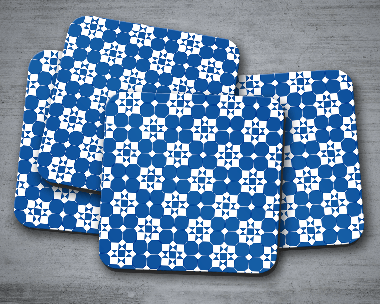 Shadowbright Blue and White Geometric Tiles Design Coaster, Table Decor