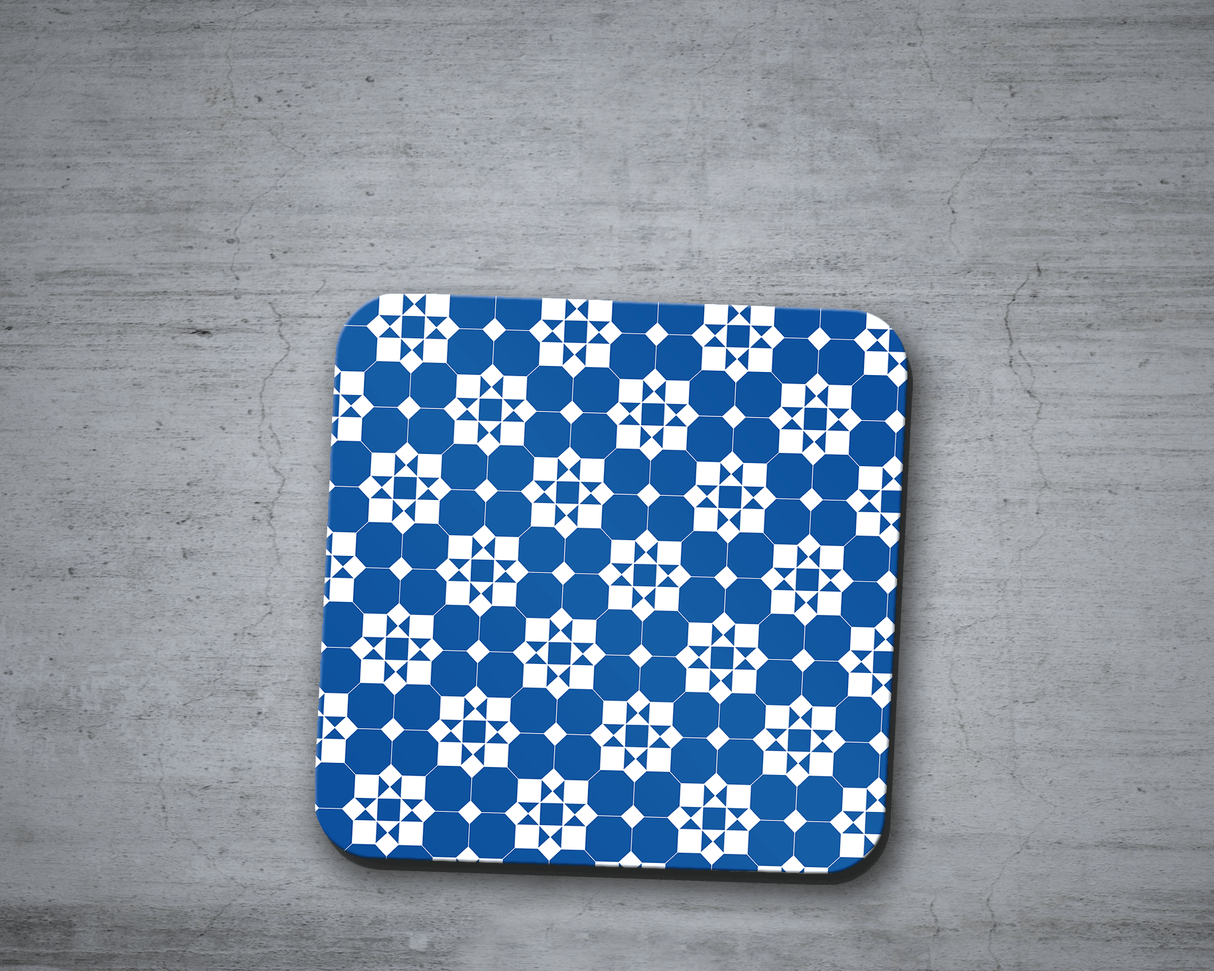 Shadowbright Blue and White Geometric Tiles Design Coaster, Table Decor
