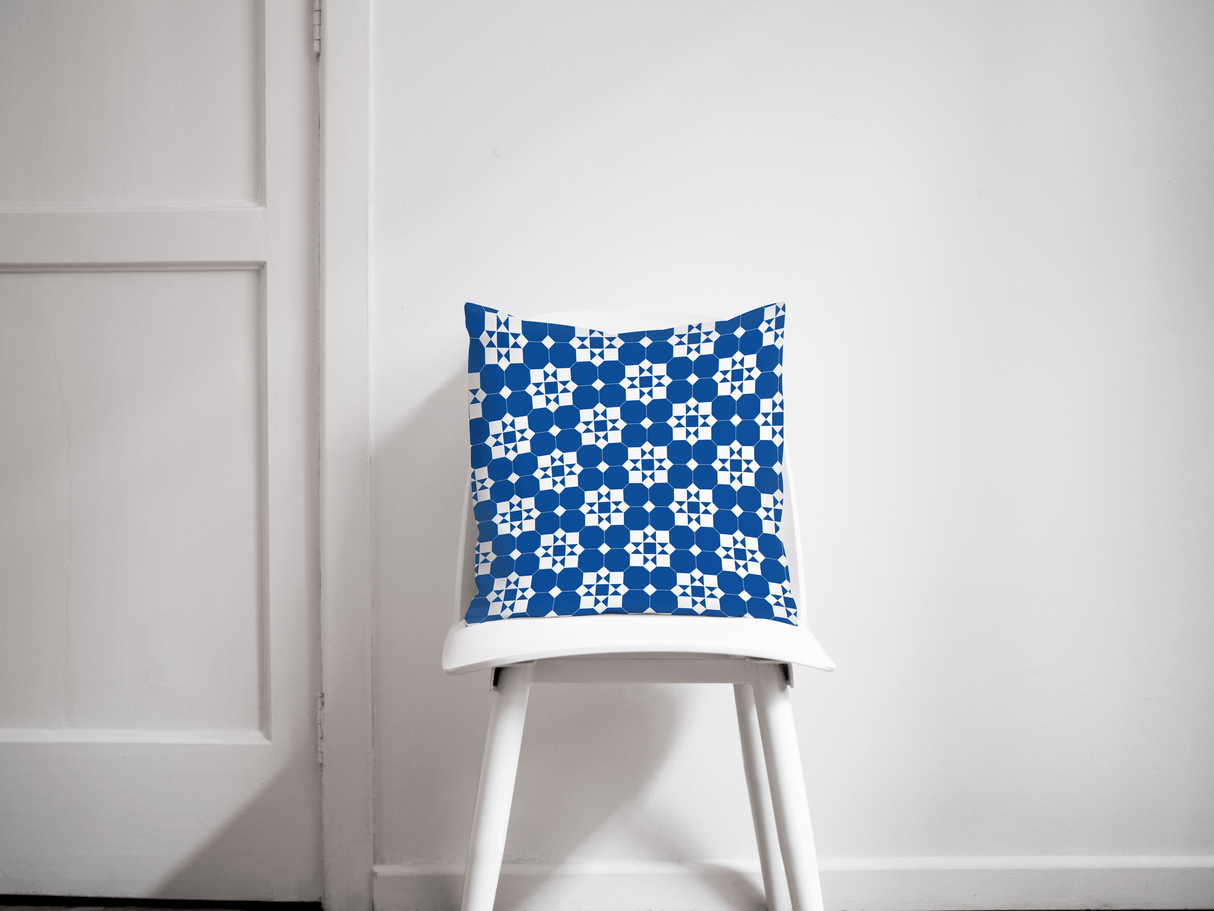 Shadowbright Blue and White Geometric Tiles Design Cushion, Throw Pillow