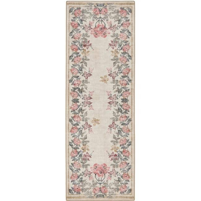 Eco-Washable Cream Rug Flower Design