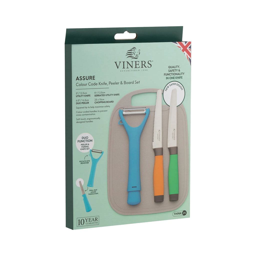 Viners Assure Colour Code Knife, Peeler & Board Set