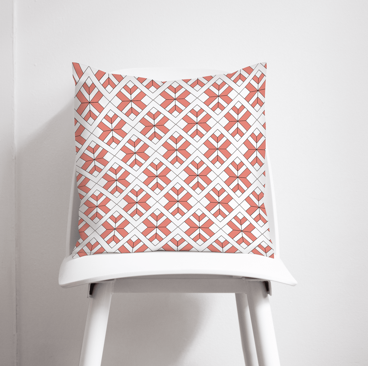 Shadowbright Coral and White Geometric Design Cushion, Throw Pillow