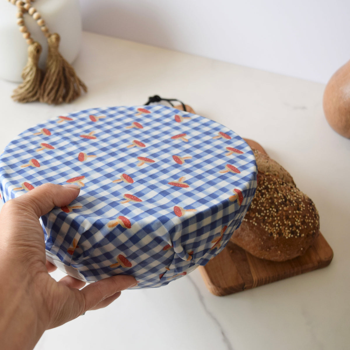 Lou-bees Toadstools on Gingham Large Beeswax Wrap