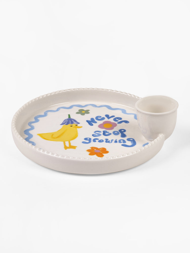 Side view of Eleanor Bowmer duck egg-cup plate, 17 cm diameter