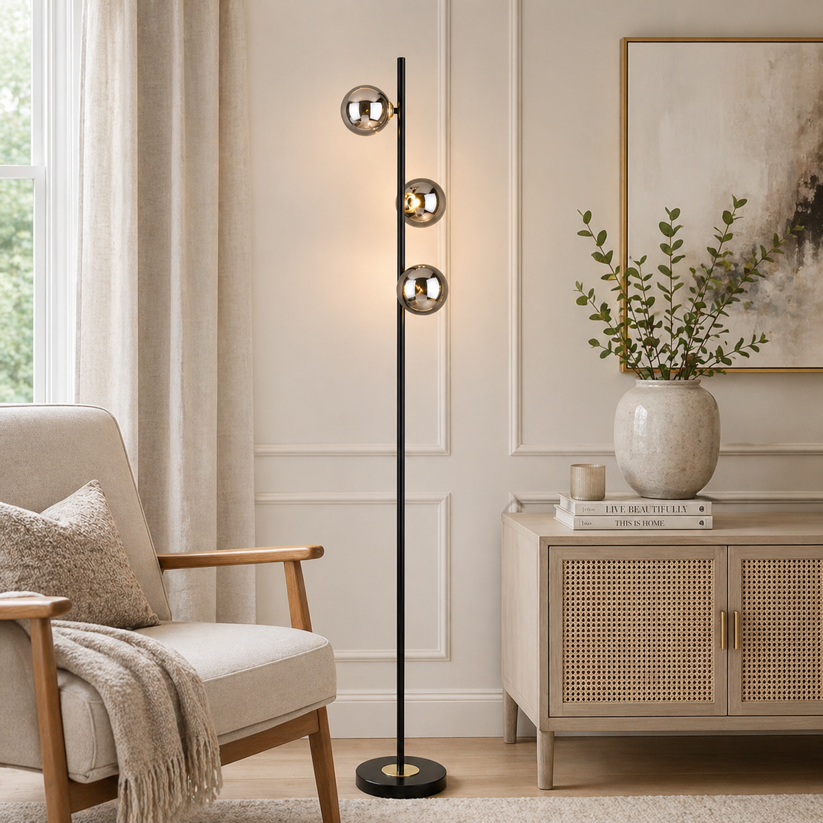 Pagazzi Eaen 3 Light Black and Gold Floor Lamp with Smoked Glass