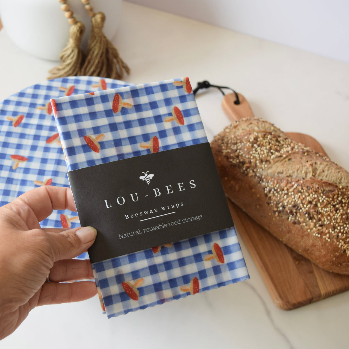 Lou-bees Toadstools on Gingham Large Beeswax Wrap