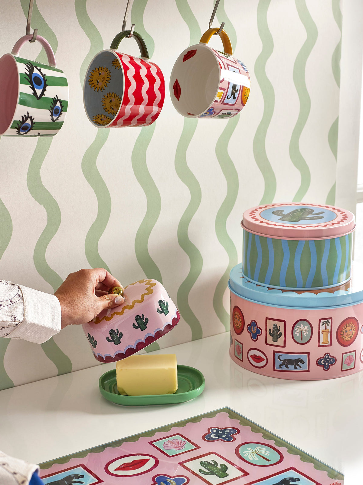 Colourful ceramic butter dish designed by Eleanor Bowmer for Pure Table Top – Electric Coast range