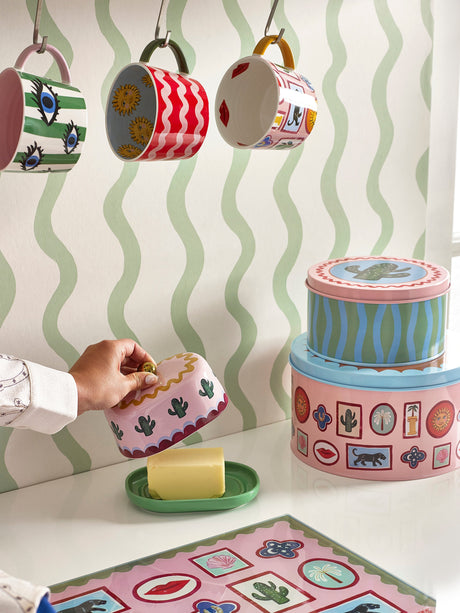 Colourful ceramic butter dish designed by Eleanor Bowmer for Pure Table Top – Electric Coast range