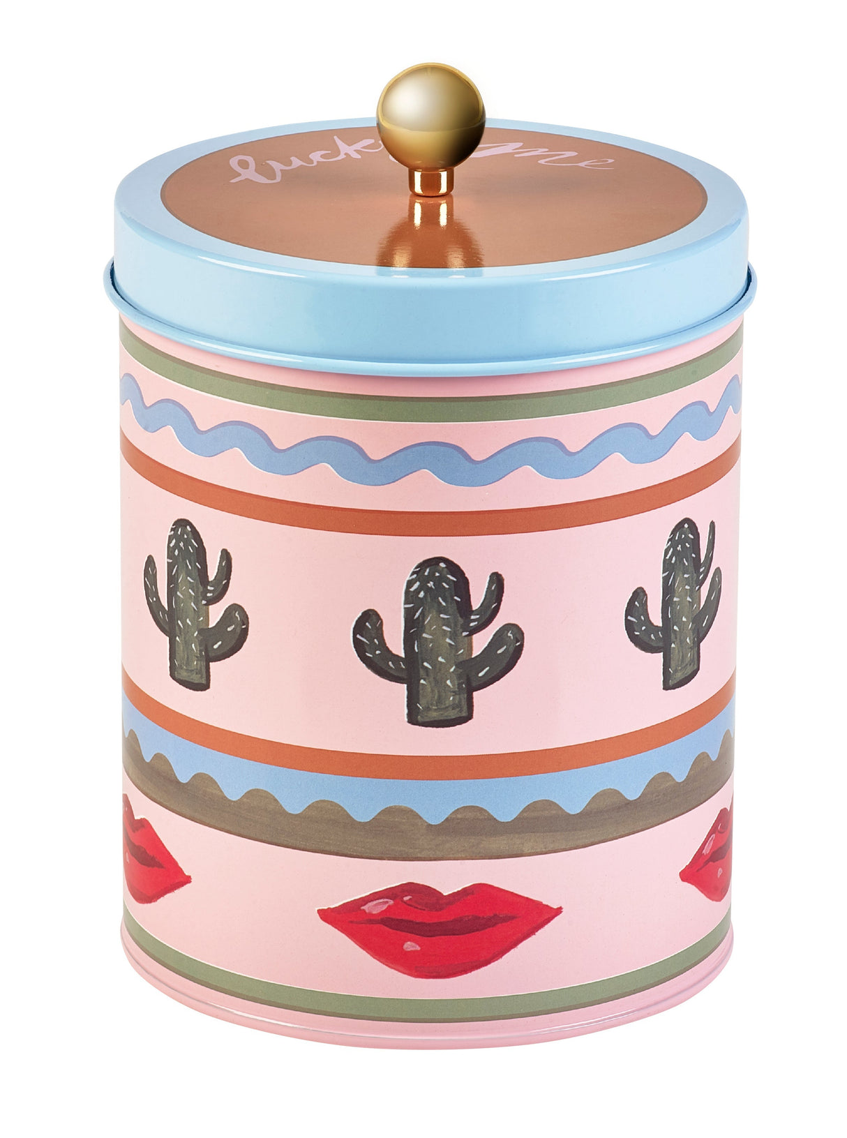 Designer biscuit tin with cactus and lips illustration – Eleanor Bowmer Electric Coast