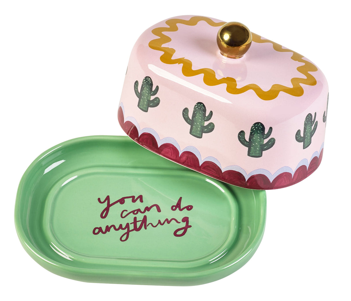 Stoneware butter dish from the Eleanor Bowmer Electric Coast collection – “You Can Do Anything” slogan inside lid