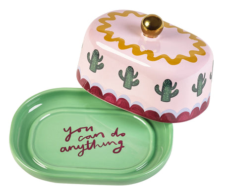 Stoneware butter dish from the Eleanor Bowmer Electric Coast collection – “You Can Do Anything” slogan inside lid