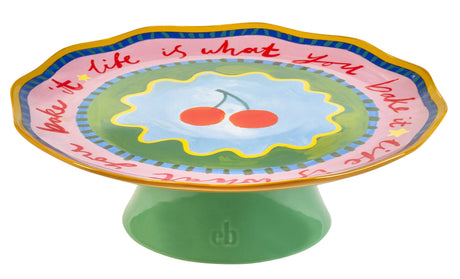 Side view of Eleanor Bowmer cake plate showing raised base and glazed finish