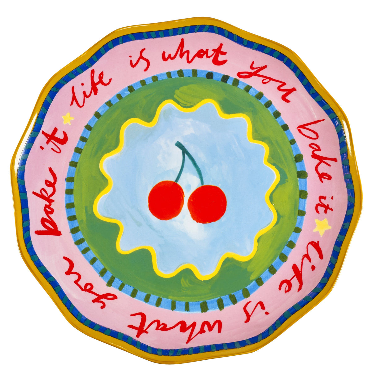 Eleanor Bowmer Electric Coast Cake Plate with cherry design on white background