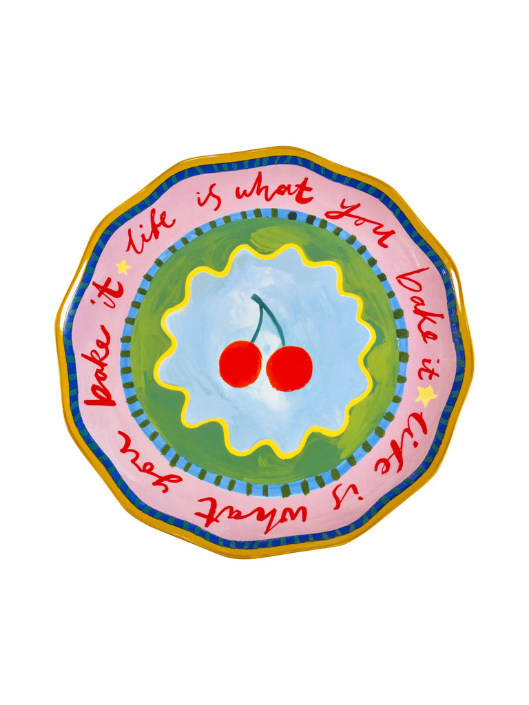 Eleanor Bowmer Electric Coast Cake Plate with cherry design on white background