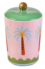 Eleanor Bowmer Electric Coast Palm Storage Jar with pink base and green lid