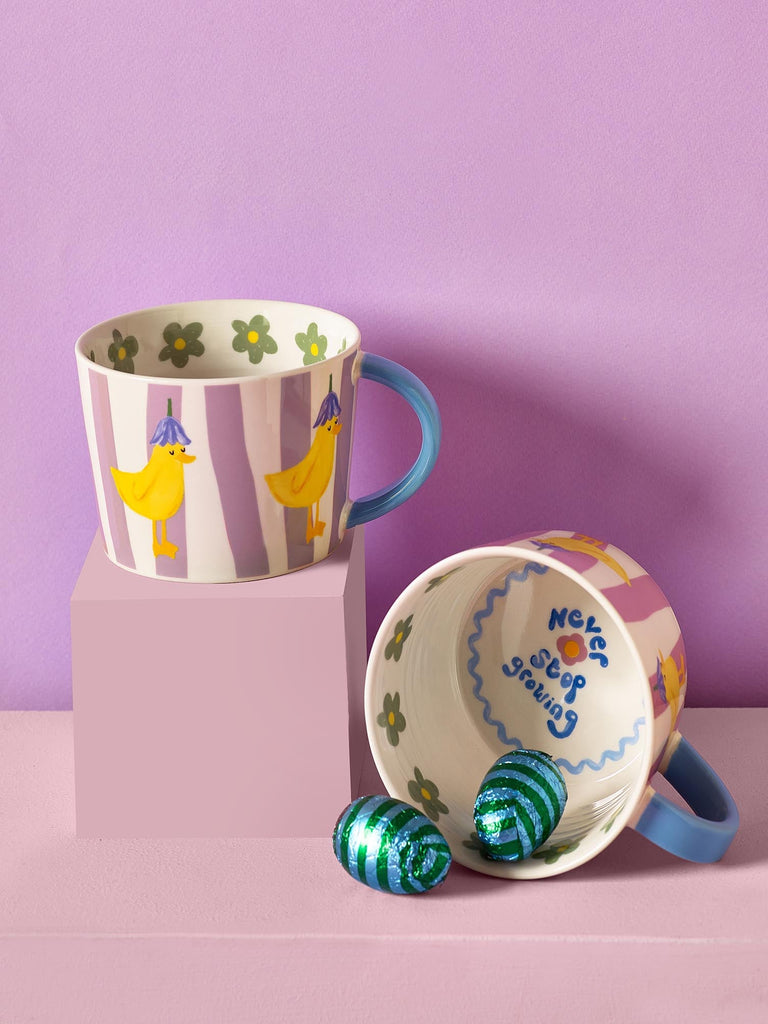 Eleanor Bowmer “Never Stop Growing” Duck Mug with lilac stripes