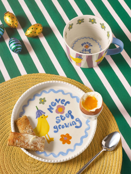 Stoneware breakfast plate by Eleanor Bowmer with motivational slogan