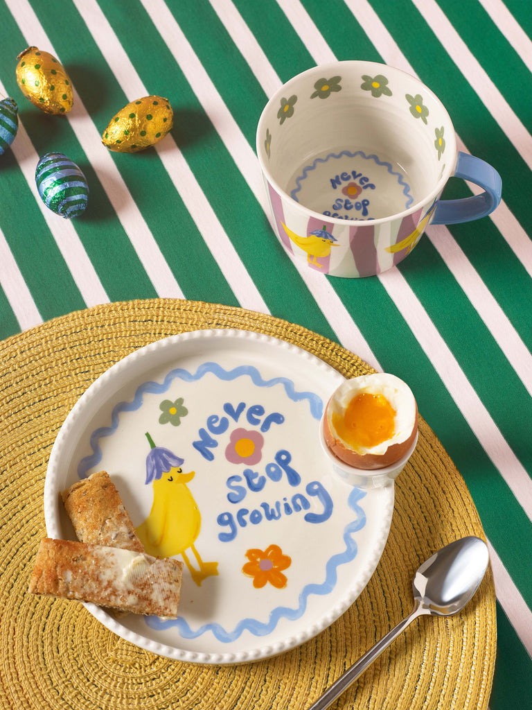 Stoneware breakfast plate by Eleanor Bowmer with motivational slogan