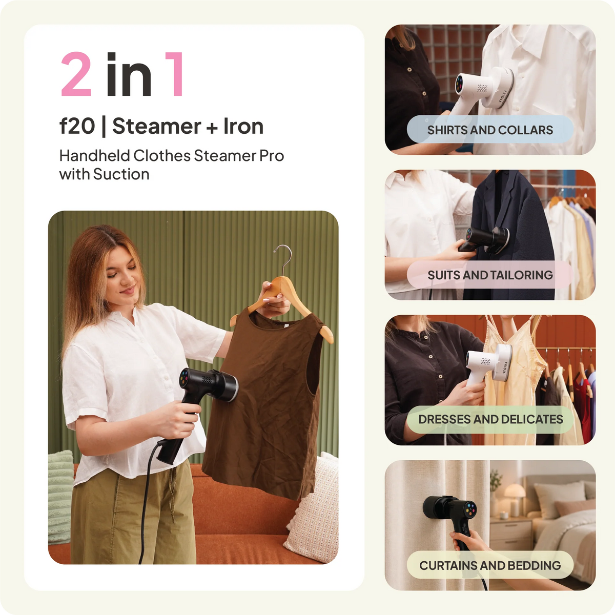 Fridja F20 Handheld Clothes Steamer Pro with Suction