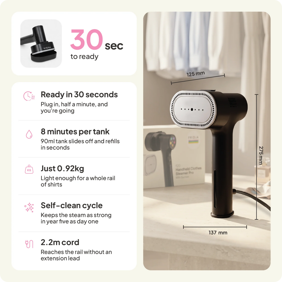 Fridja F20 Handheld Clothes Steamer Pro with Suction