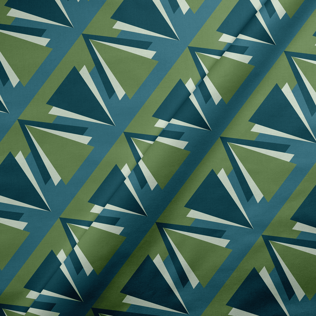 Shadowbright Green and Blue Art Deco Geometric Drill Fabric -  100% Cotton
