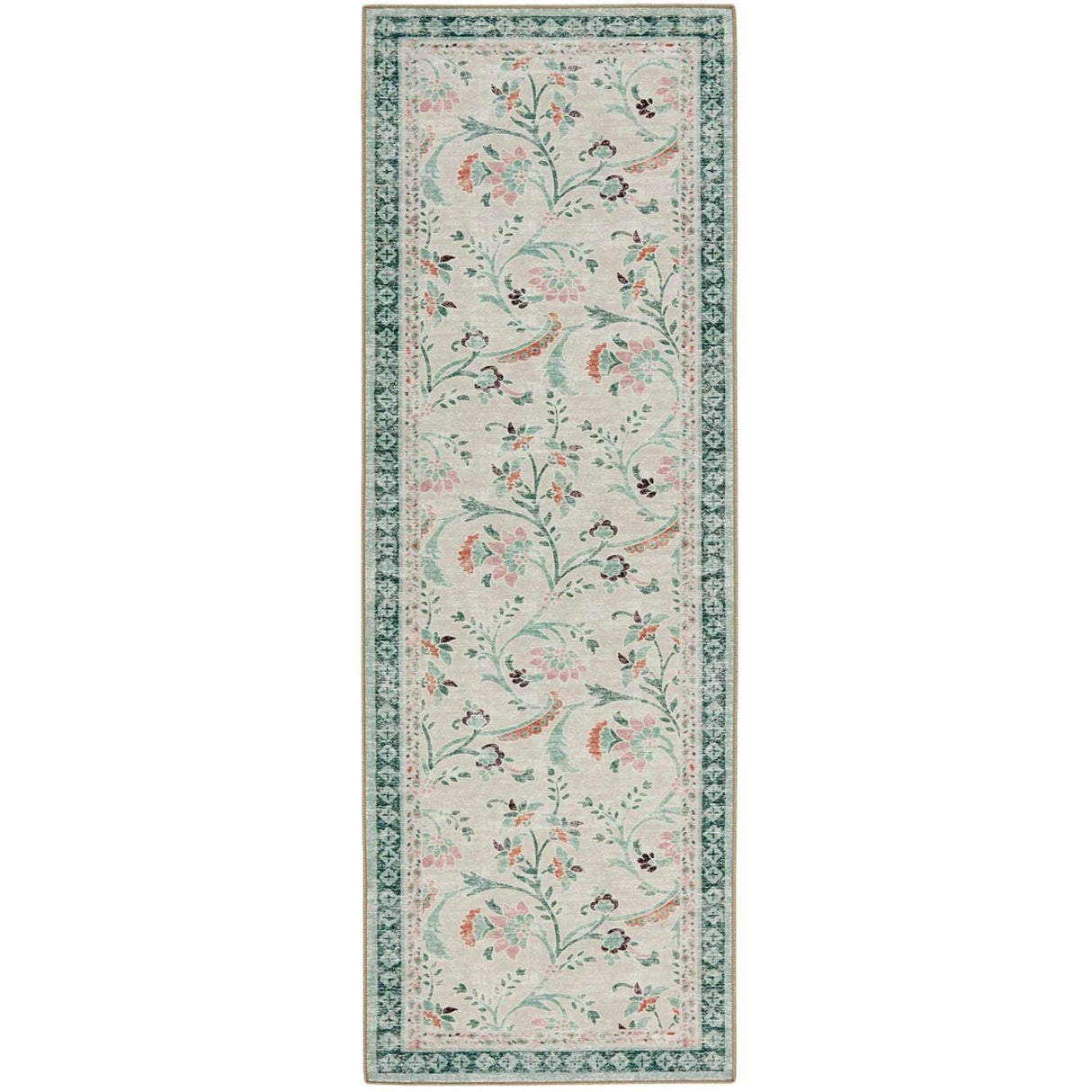 Eco-Washable Green Rug Floral Design