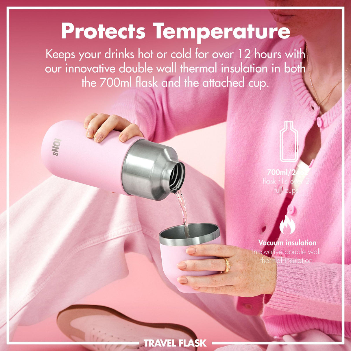 ION8 Luma Vacuum Insulated, Flask & Mug, Rose Quartz, 700ml (24oz)