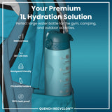 ION8 Leak Proof 1 Litre Water Bottle with Times to Drink, Recyclon, Teal & Blue, 1L