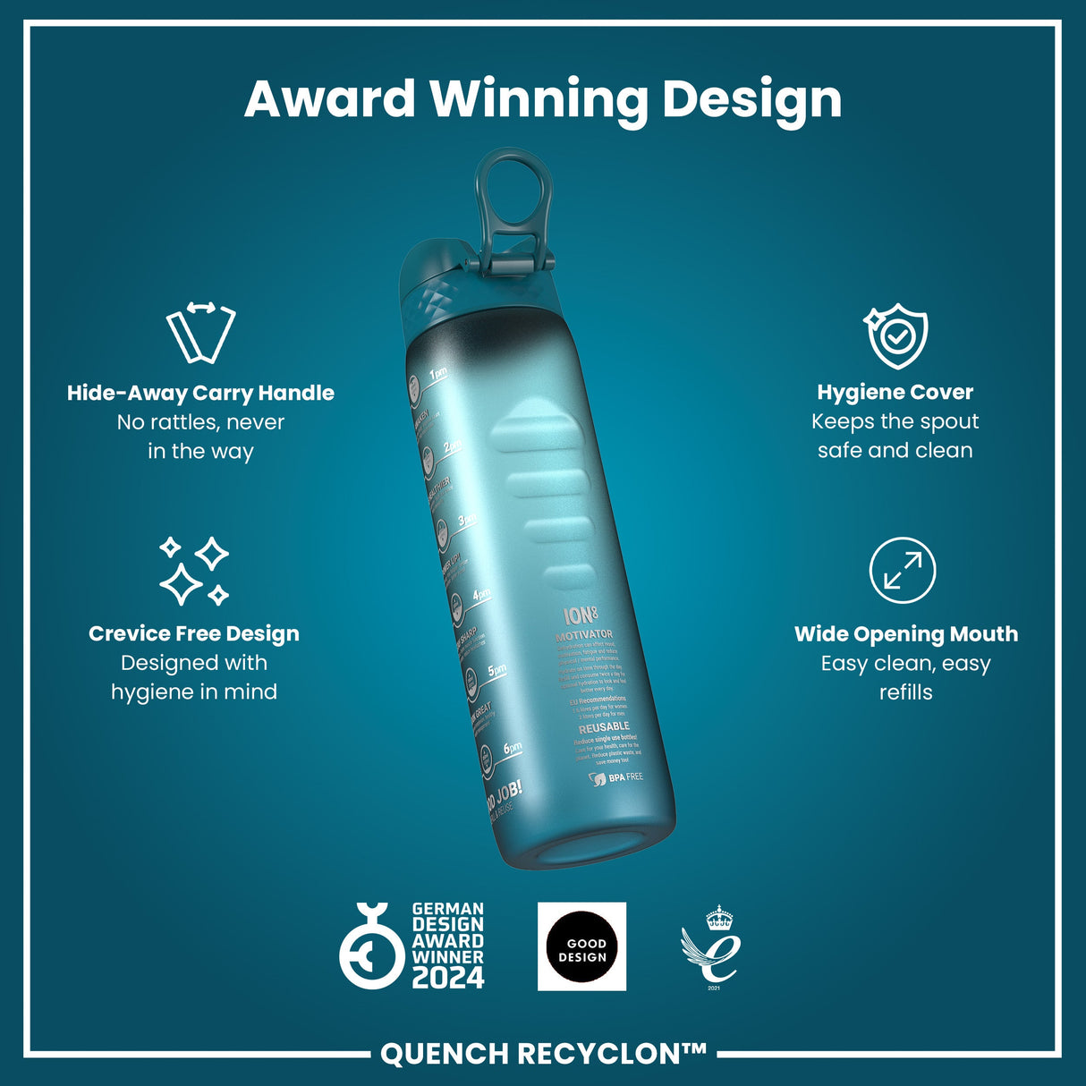 ION8 Leak Proof 1 Litre Water Bottle with Times to Drink, Recyclon, Teal & Blue, 1L